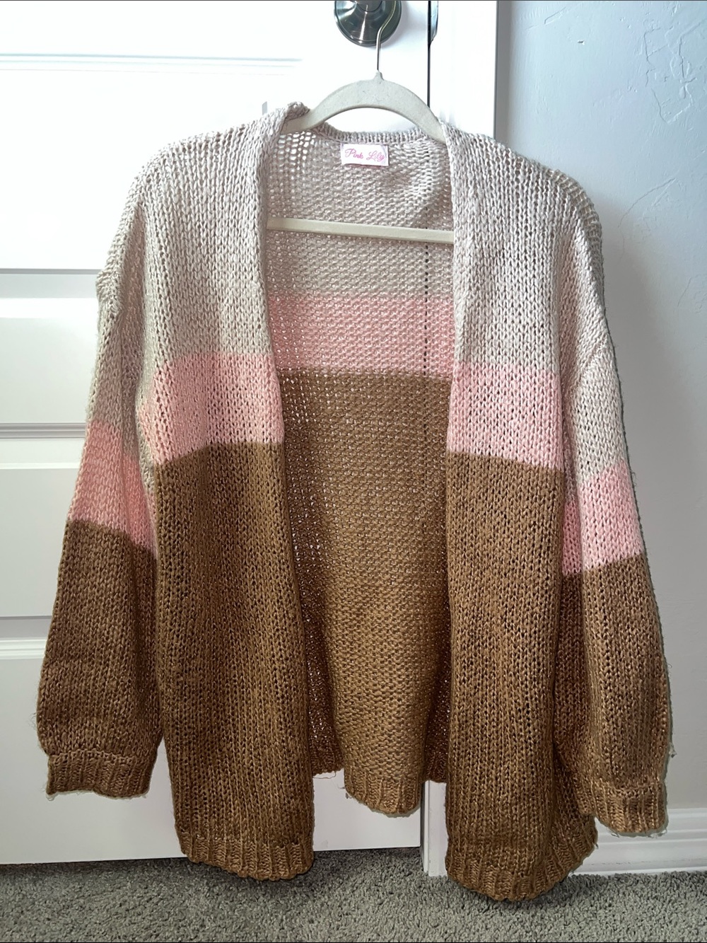 Pink Lily Colorblock Open-Front Cardigan in Pink, Beige & Brown